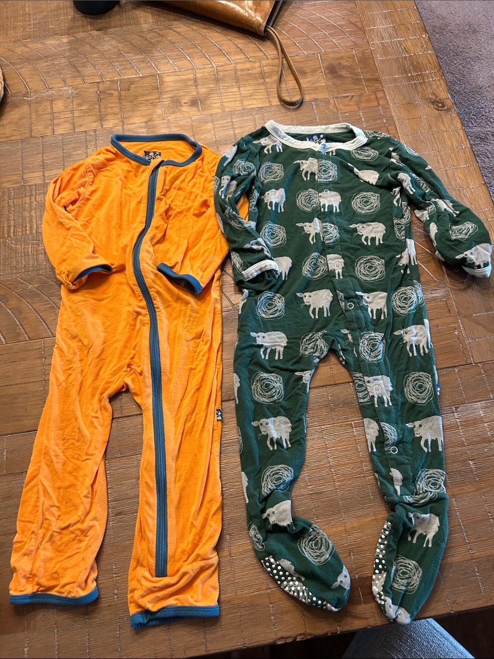 Kickee Pants Orange and Forest Green Kids Footed Pajama Set